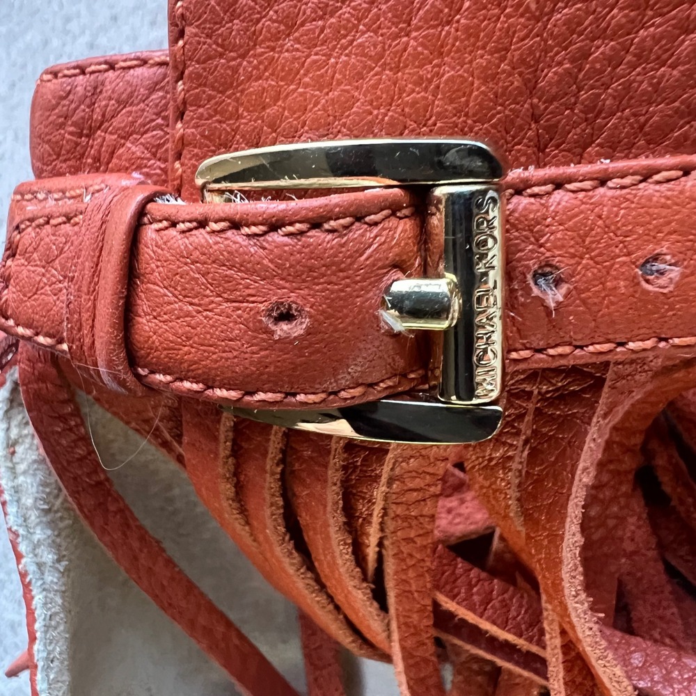Michael Kors Women 5.5 M Orange Leather Fringe Ankle Wrap Wedge Sandals Boho - Picture 5 of 16